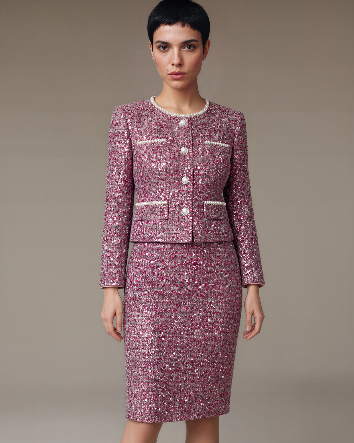 Eleonora Sequinned Tweed Jacket and Pencil Skirt Set, fuchsia, three quarter view