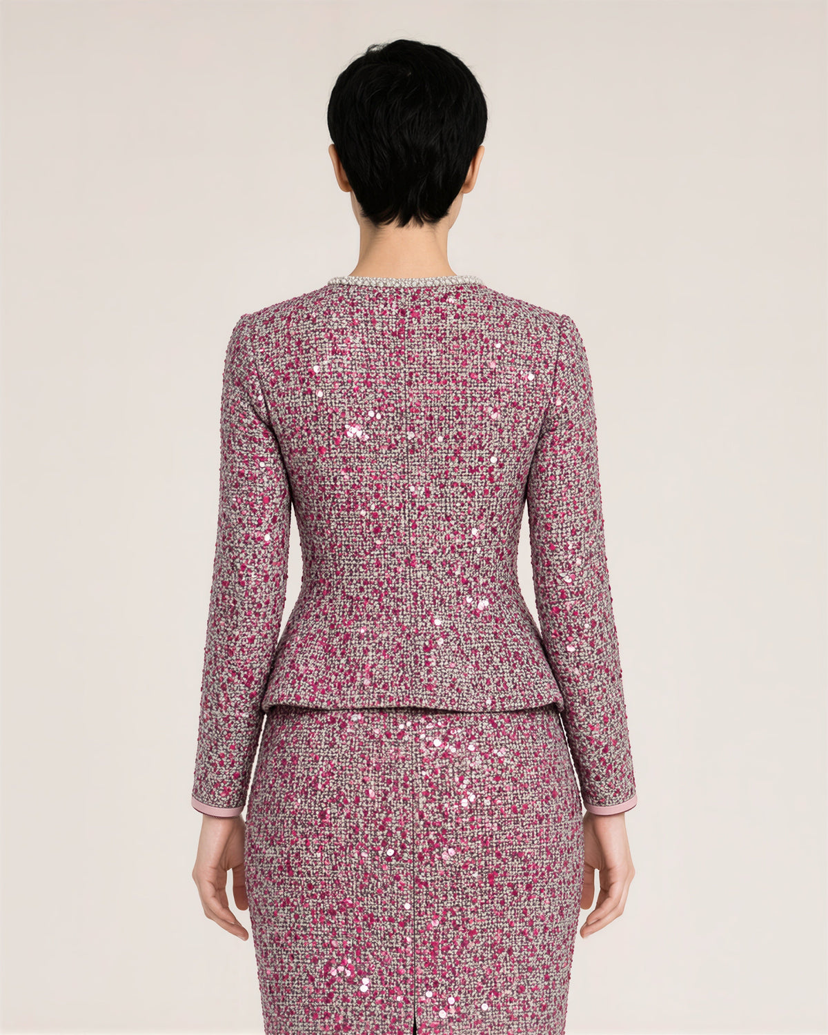 Eleonora Sequinned Tweed Jacket and Pencil Skirt Set, fuchsia, back view