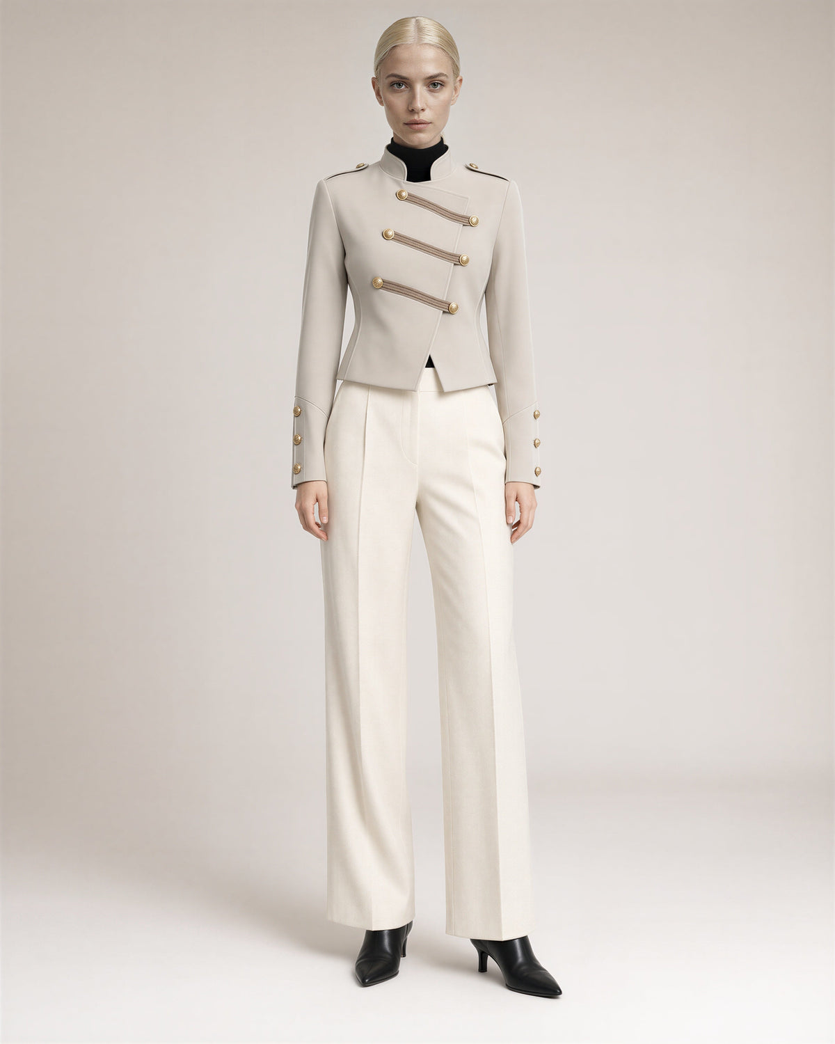 Elettra Gold Button Military Cropped Jacket, stone beige, full length front view