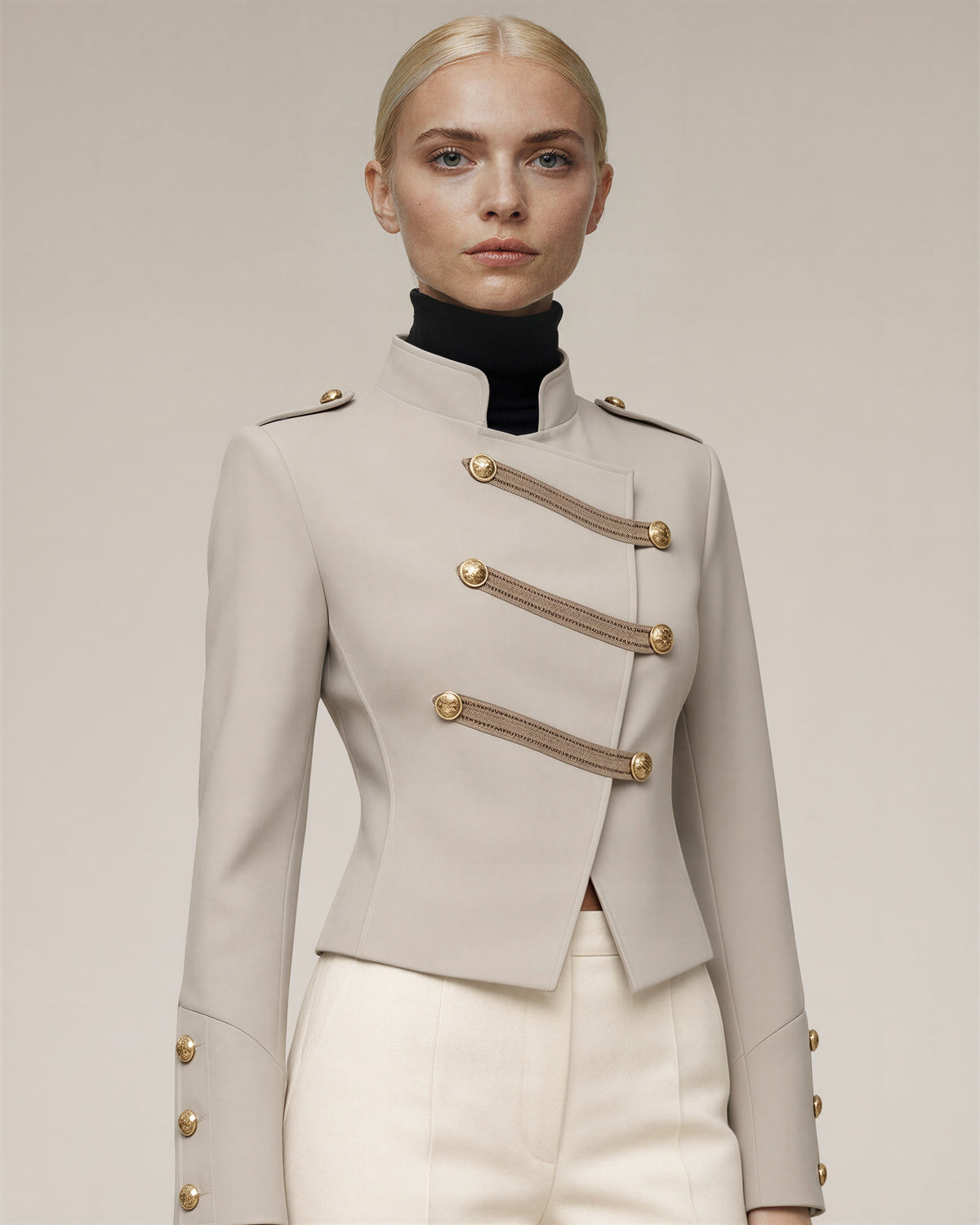 Elettra Gold Button Military Cropped Jacket, stone beige, close up above the waist
