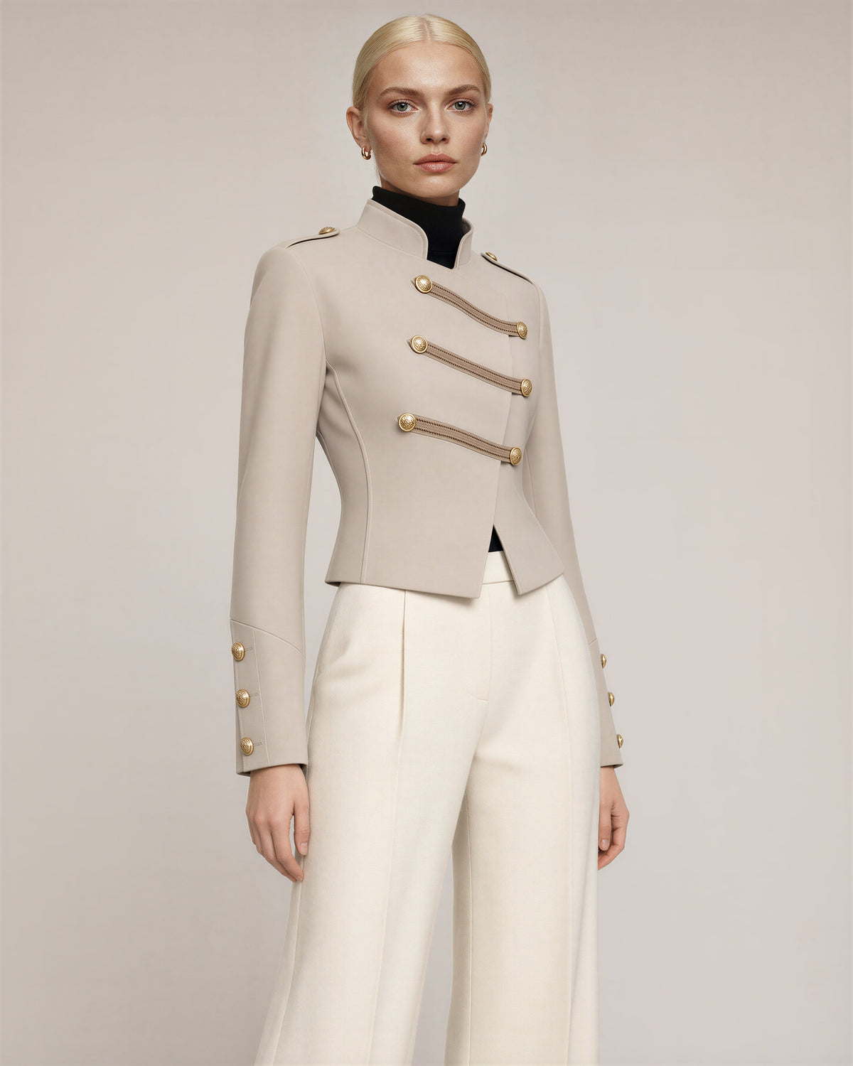 Elettra Gold Button Military Cropped Jacket, stone beige, three quarter view