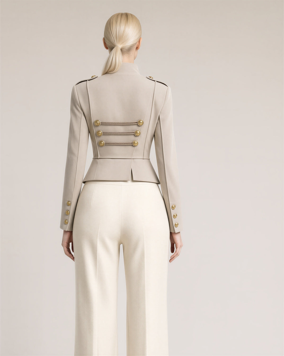 Elettra Gold Button Military Cropped Jacket, stone beige, back view