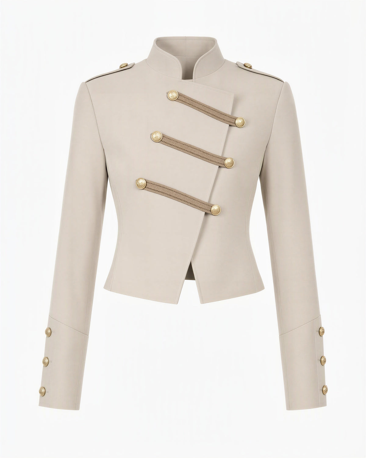 Elettra Gold Button Military Cropped Jacket, stone beige, product view without a model