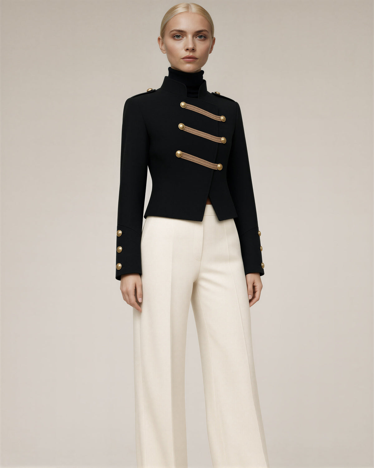 Elettra Gold Button Military Cropped Jacket, black color option