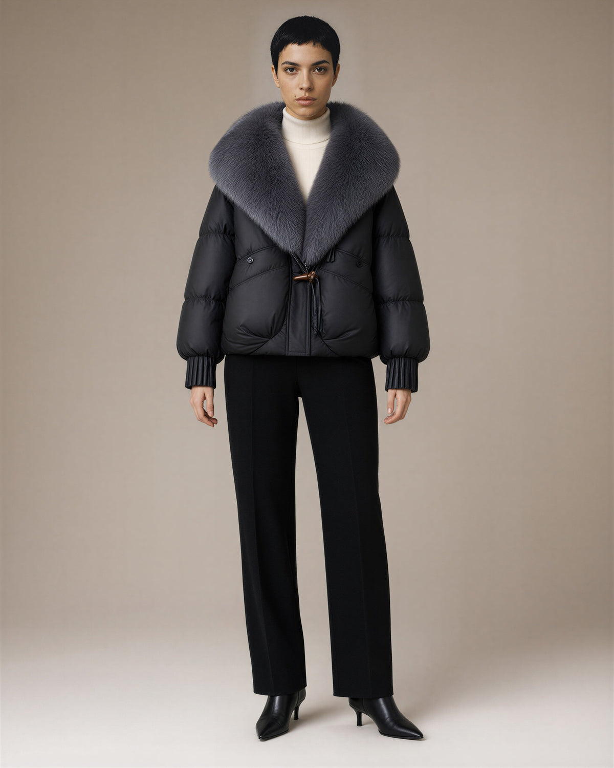 Elisa Faux Fur Shawl Collar Cropped Puffer Jacket, black, full length front view