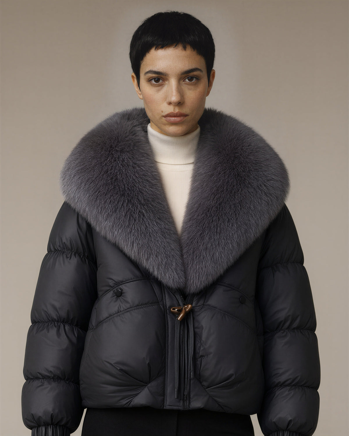 Elisa Faux Fur Shawl Collar Cropped Puffer Jacket, black, close up above the waist