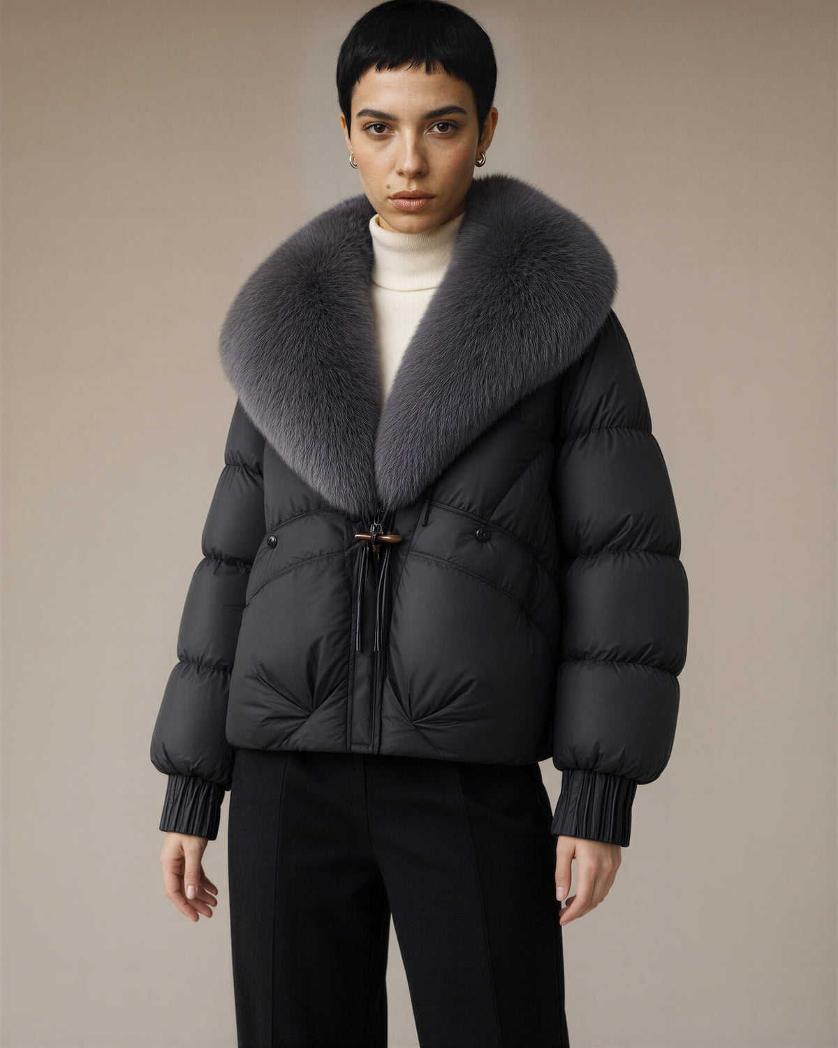 Elisa Faux Fur Shawl Collar Cropped Puffer Jacket, black, three quarter view