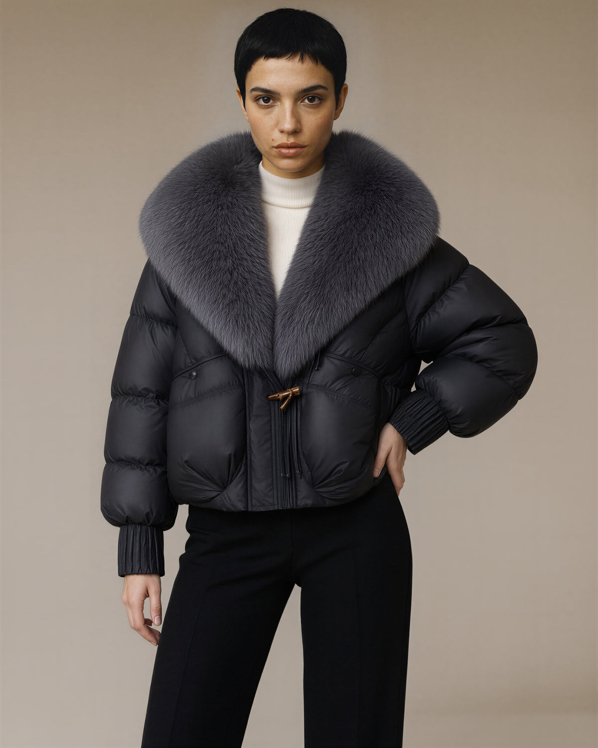 Elisa Faux Fur Shawl Collar Cropped Puffer Jacket, black, front, hands on the waist