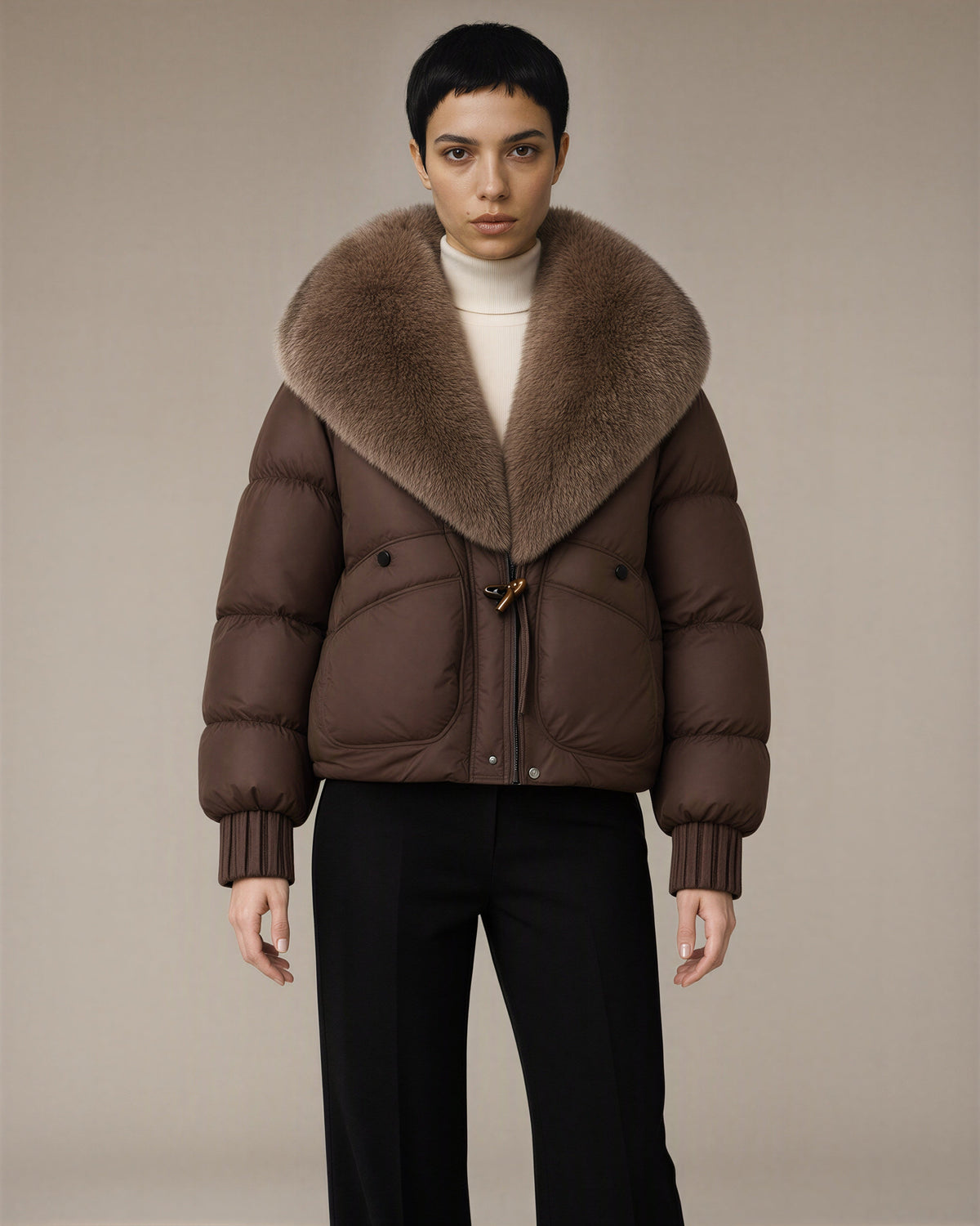 Elisa Faux Fur Shawl Collar Cropped Puffer Jacket, brown color option