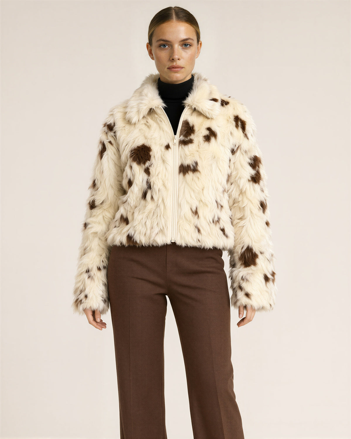 Elvia Cow Print Cropped Faux Fur Jacket, Cream Brown, cream brown, front view