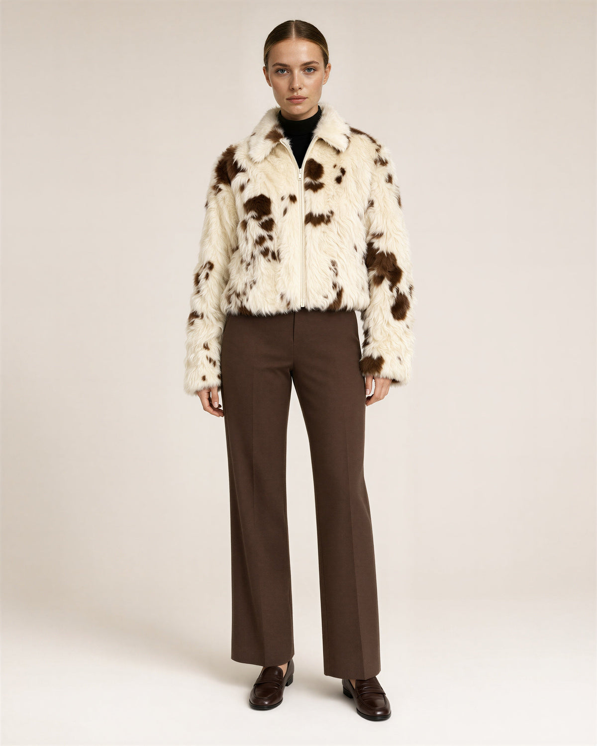Elvia Cow Print Cropped Faux Fur Jacket, Cream Brown, cream brown, full length front view