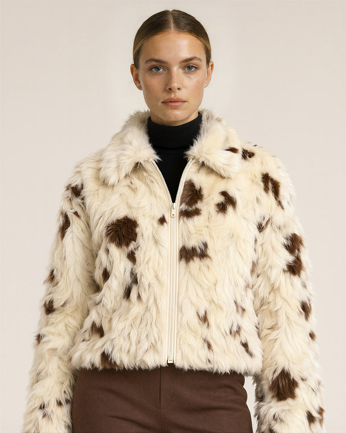 Elvia Cow Print Cropped Faux Fur Jacket, Cream Brown, cream brown, close up above the waist