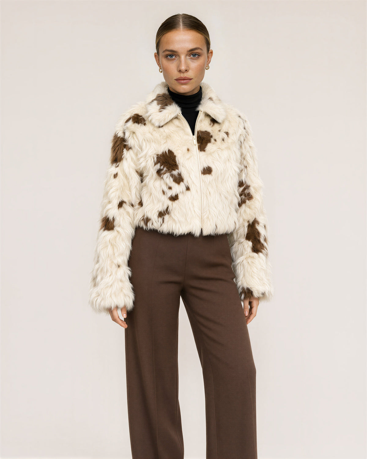Elvia Cow Print Cropped Faux Fur Jacket, Cream Brown, cream brown, three quarter view