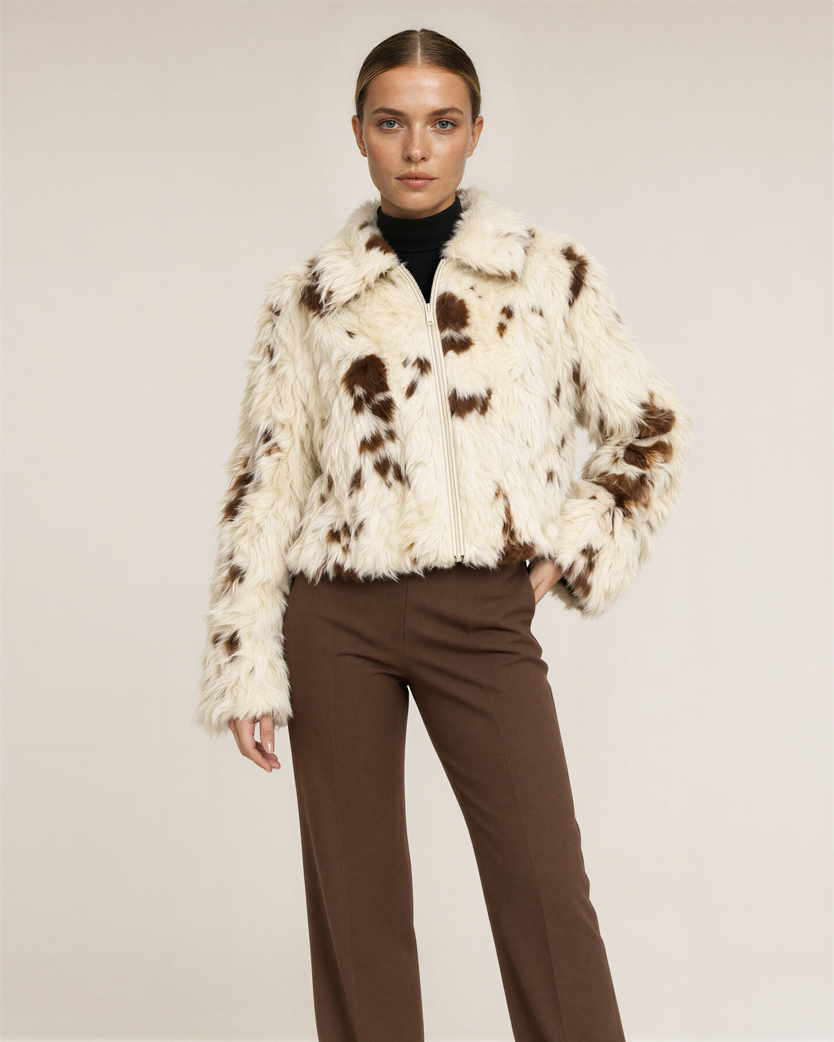 Elvia Cow Print Cropped Faux Fur Jacket, Cream Brown, cream brown, front, hands on the waist