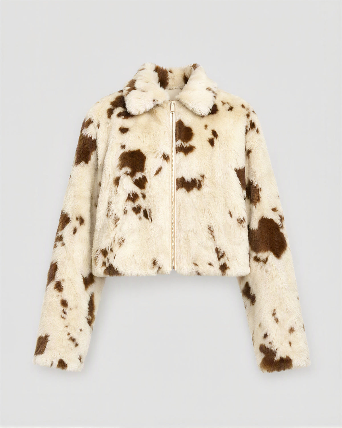 Elvia Cow Print Cropped Faux Fur Jacket, Cream Brown, cream brown, product view without a model