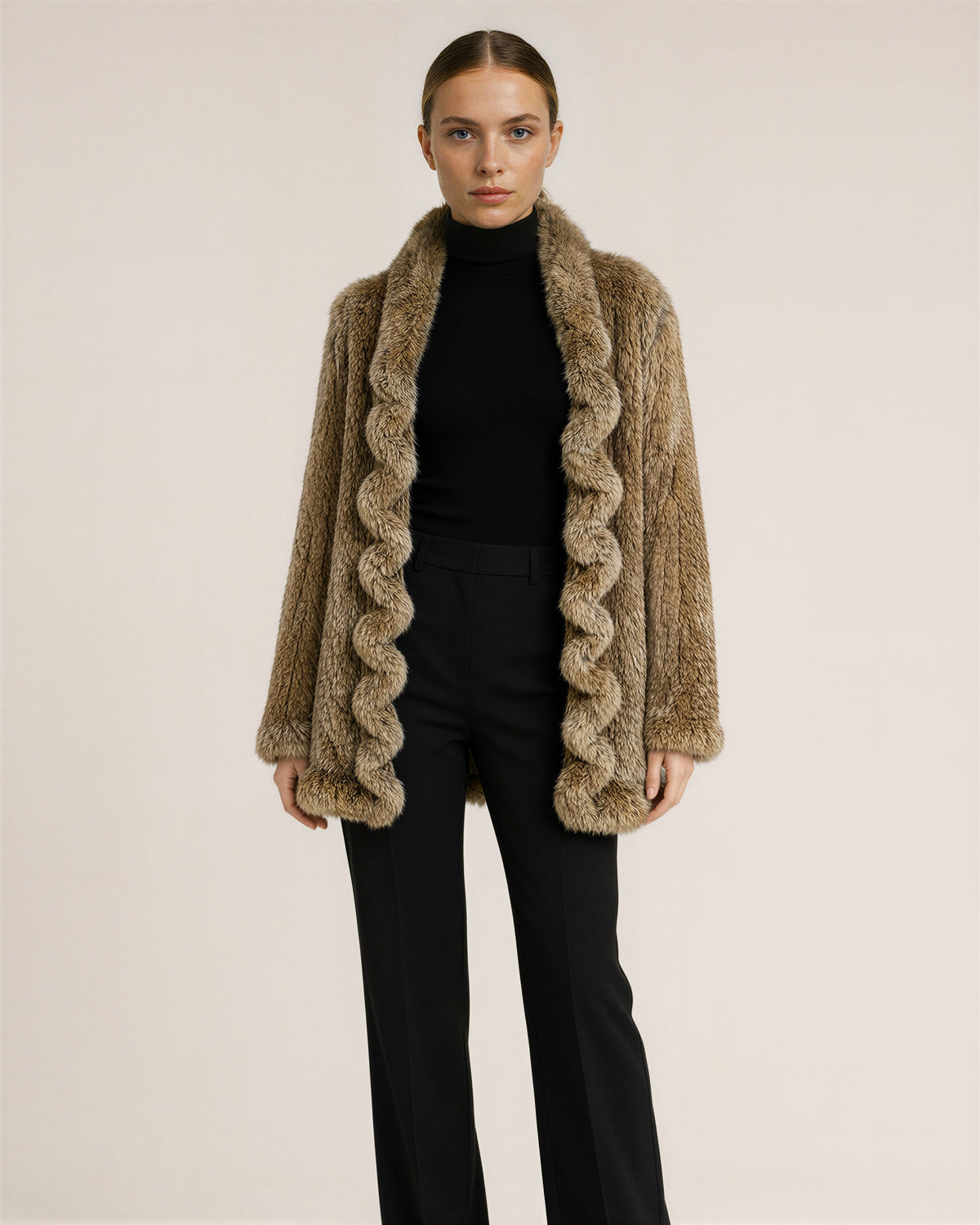 Emanuela Ruffled Knitted Rabbit Fur Jacket, straw yellow, front view