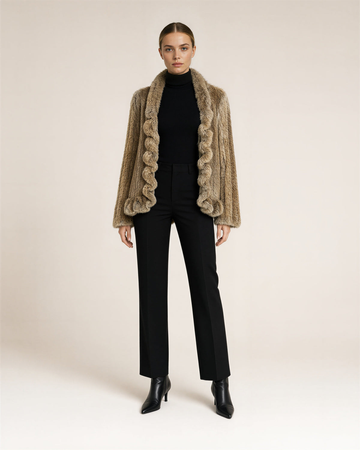 Emanuela Ruffled Knitted Rabbit Fur Jacket, straw yellow, full length front view