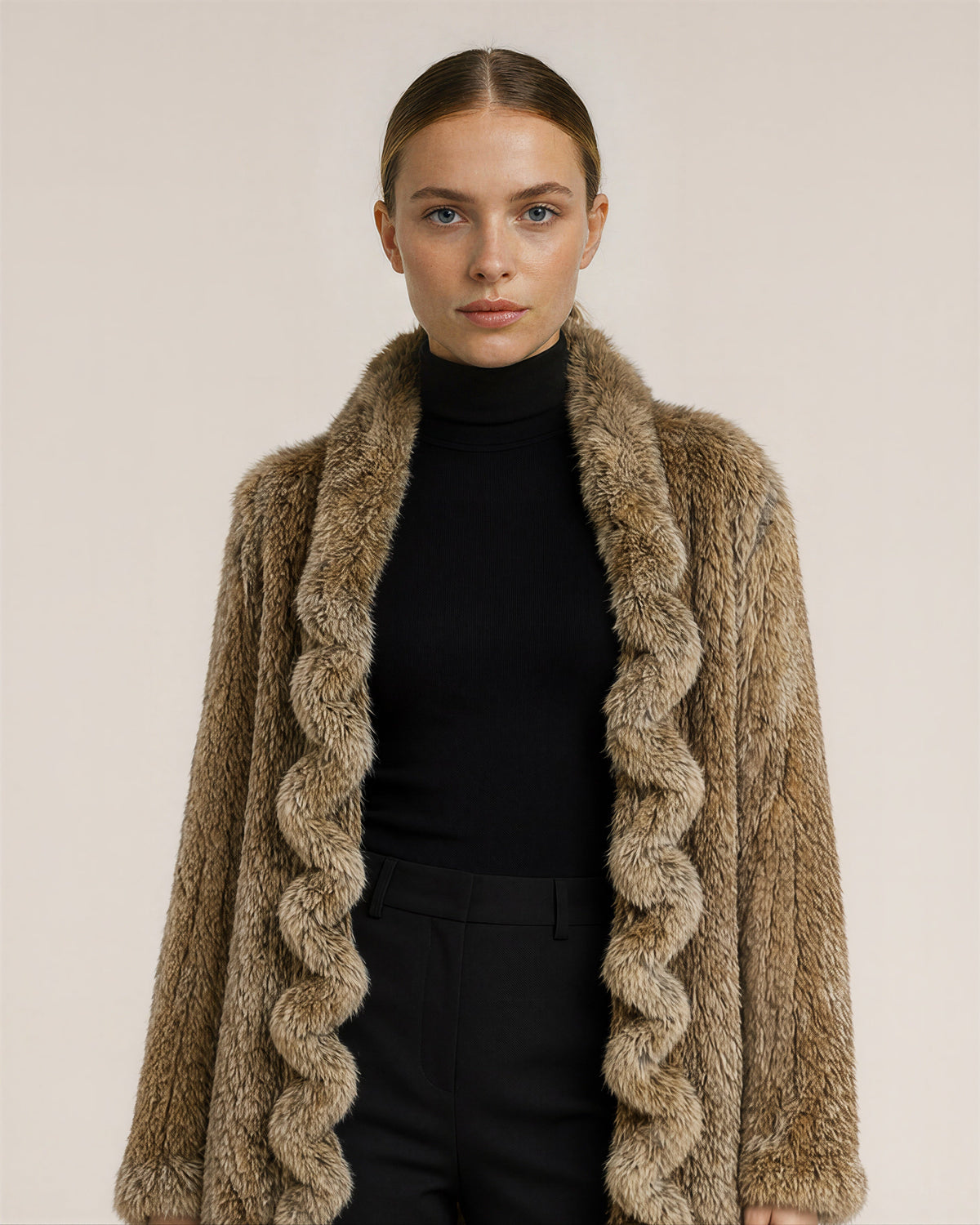 Emanuela Ruffled Knitted Rabbit Fur Jacket, straw yellow, close up above the waist