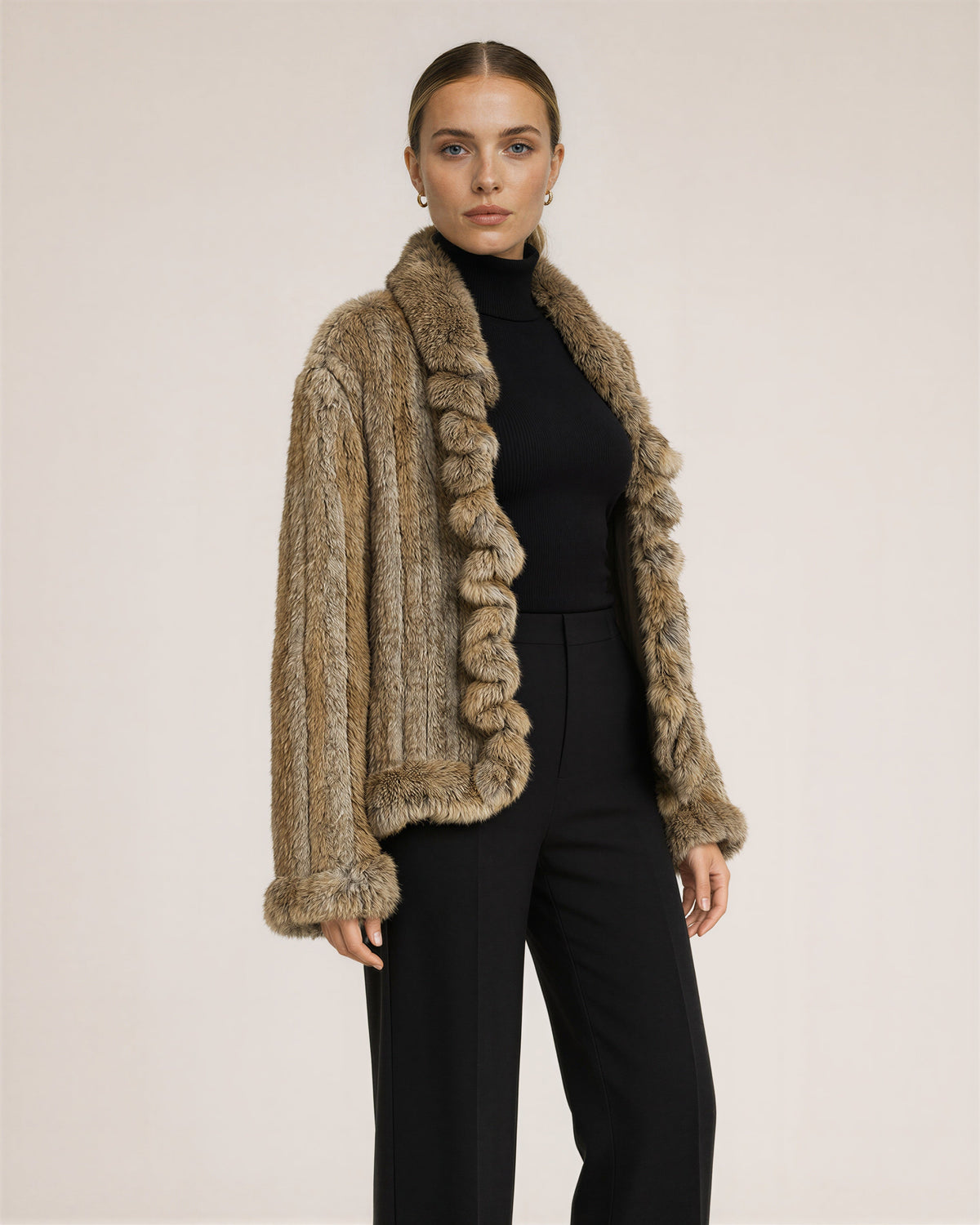 Emanuela Ruffled Knitted Rabbit Fur Jacket, straw yellow, three quarter view