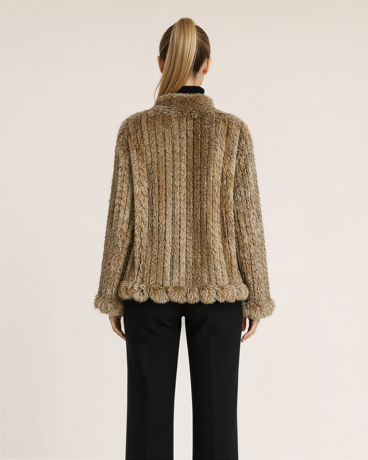 Emanuela Ruffled Knitted Rabbit Fur Jacket, straw yellow, back view
