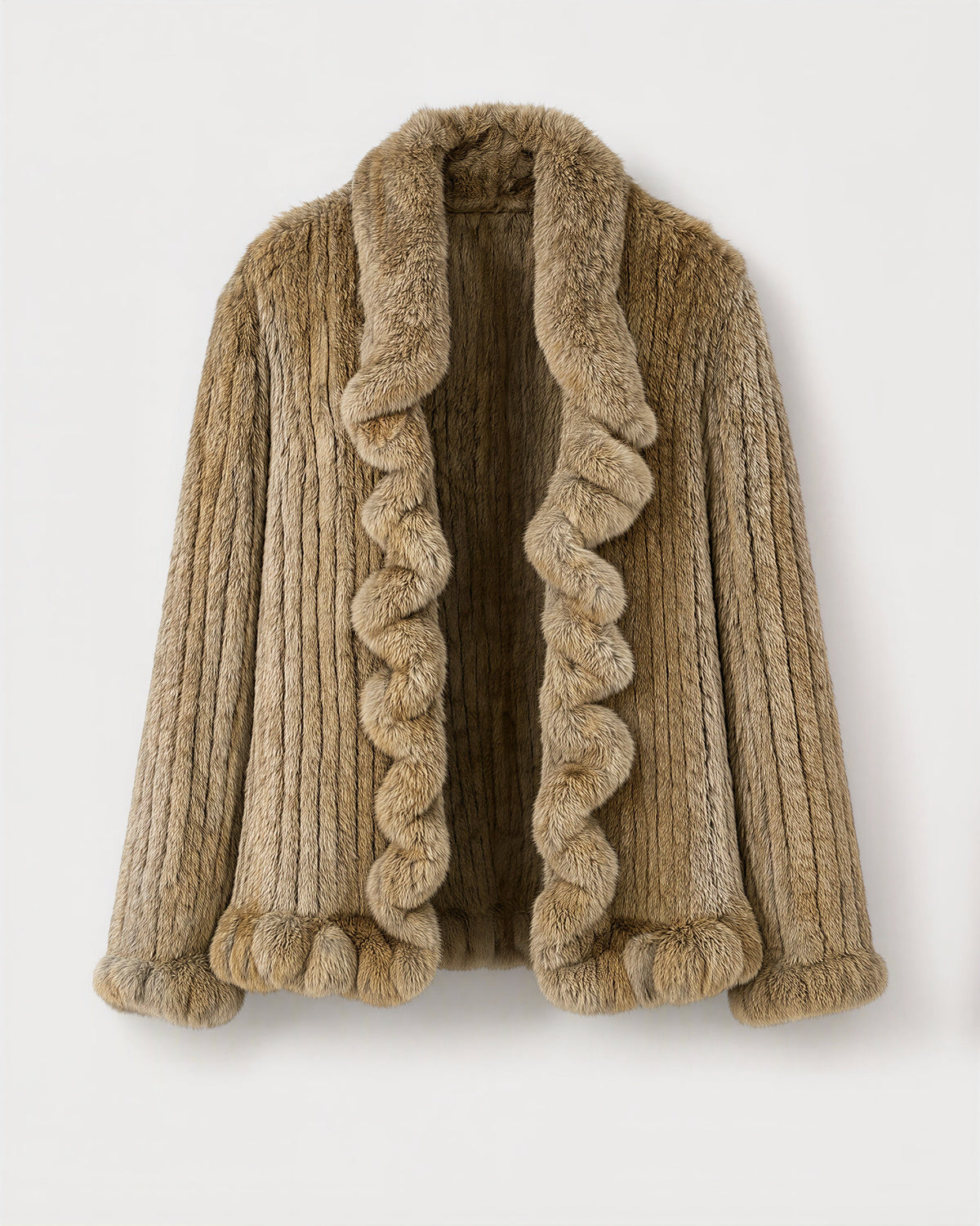 Emanuela Ruffled Knitted Rabbit Fur Jacket, straw yellow, product view without a model