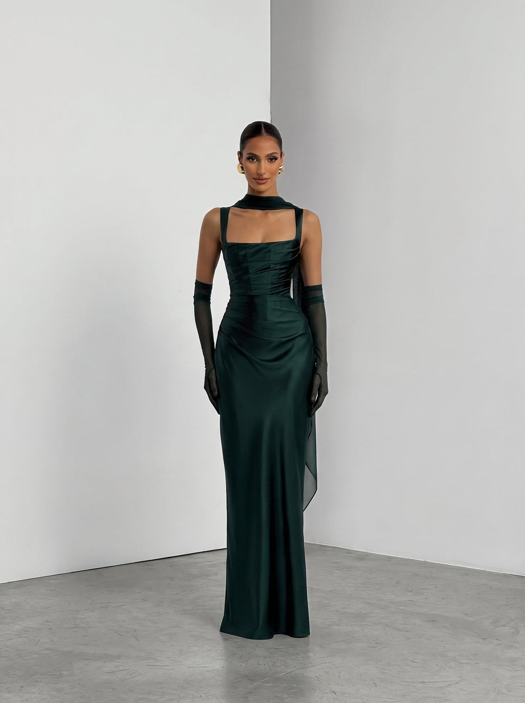 Livia Square Neck Corset Satin Maxi Dress — Svelte Chic