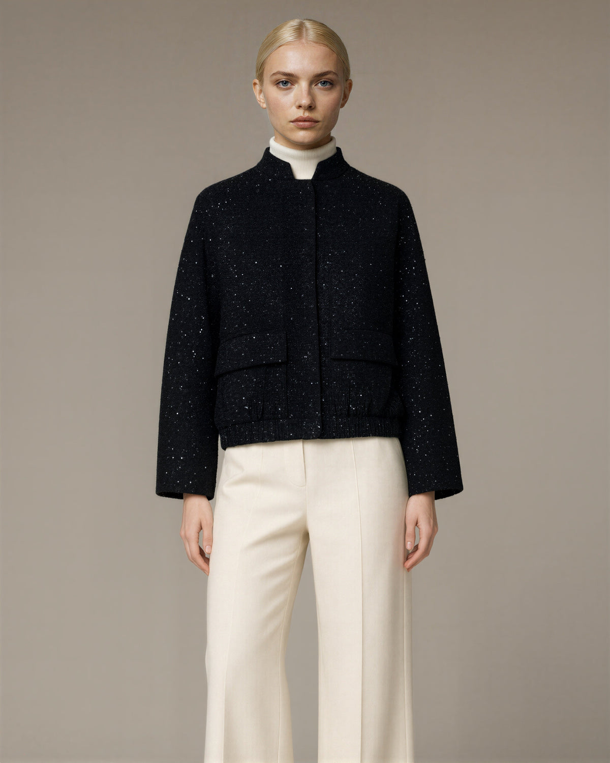 Enrica Paillette Tweed Bomber Jacket, black, front view