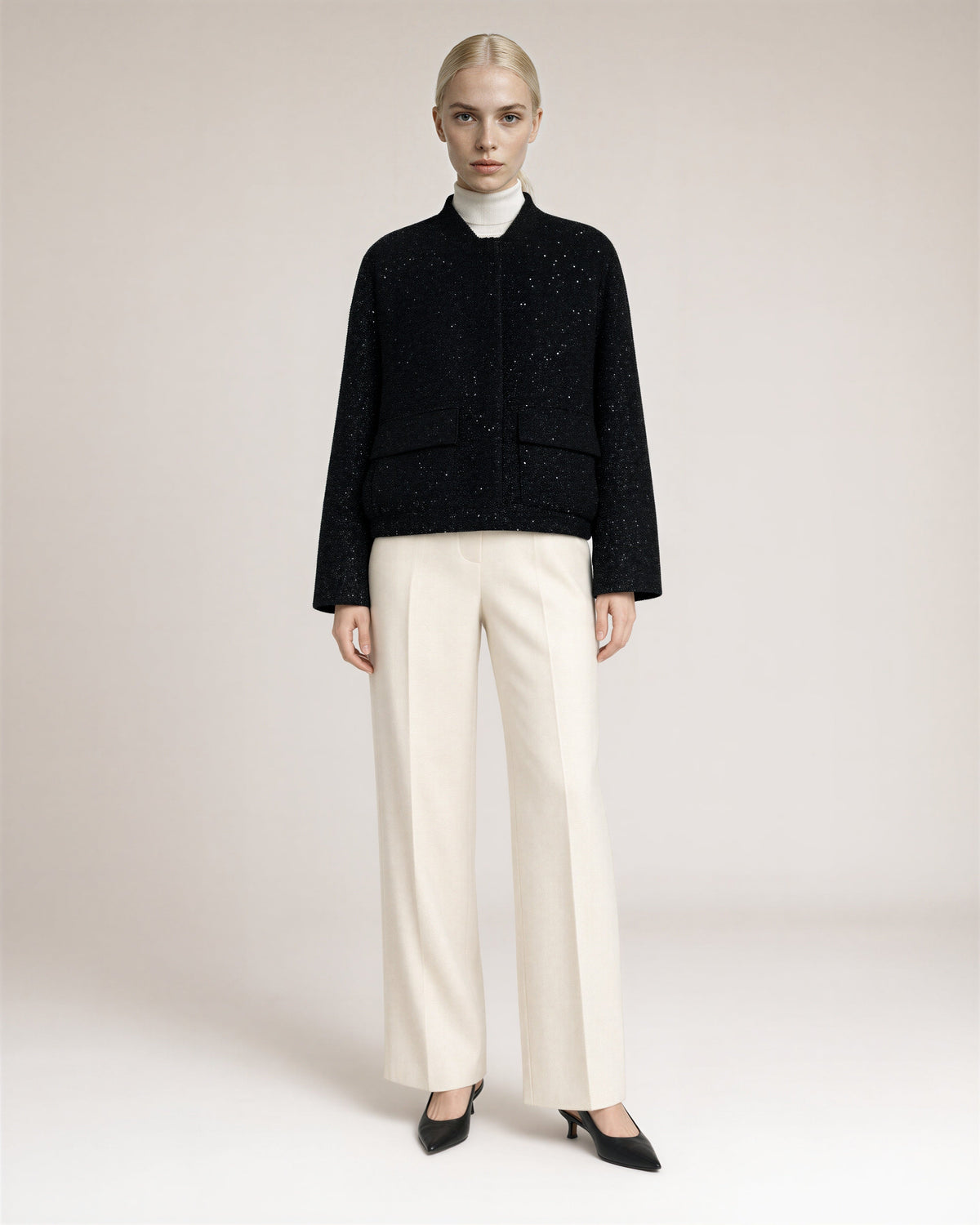 Enrica Paillette Tweed Bomber Jacket, black, full length front view