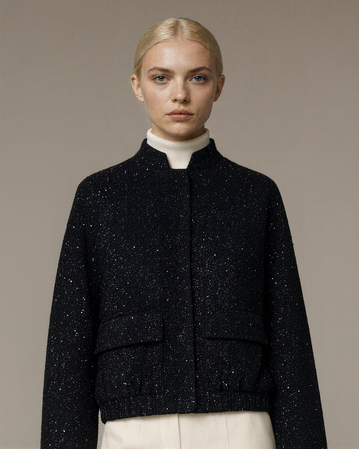 Enrica Paillette Tweed Bomber Jacket, black, close up above the waist
