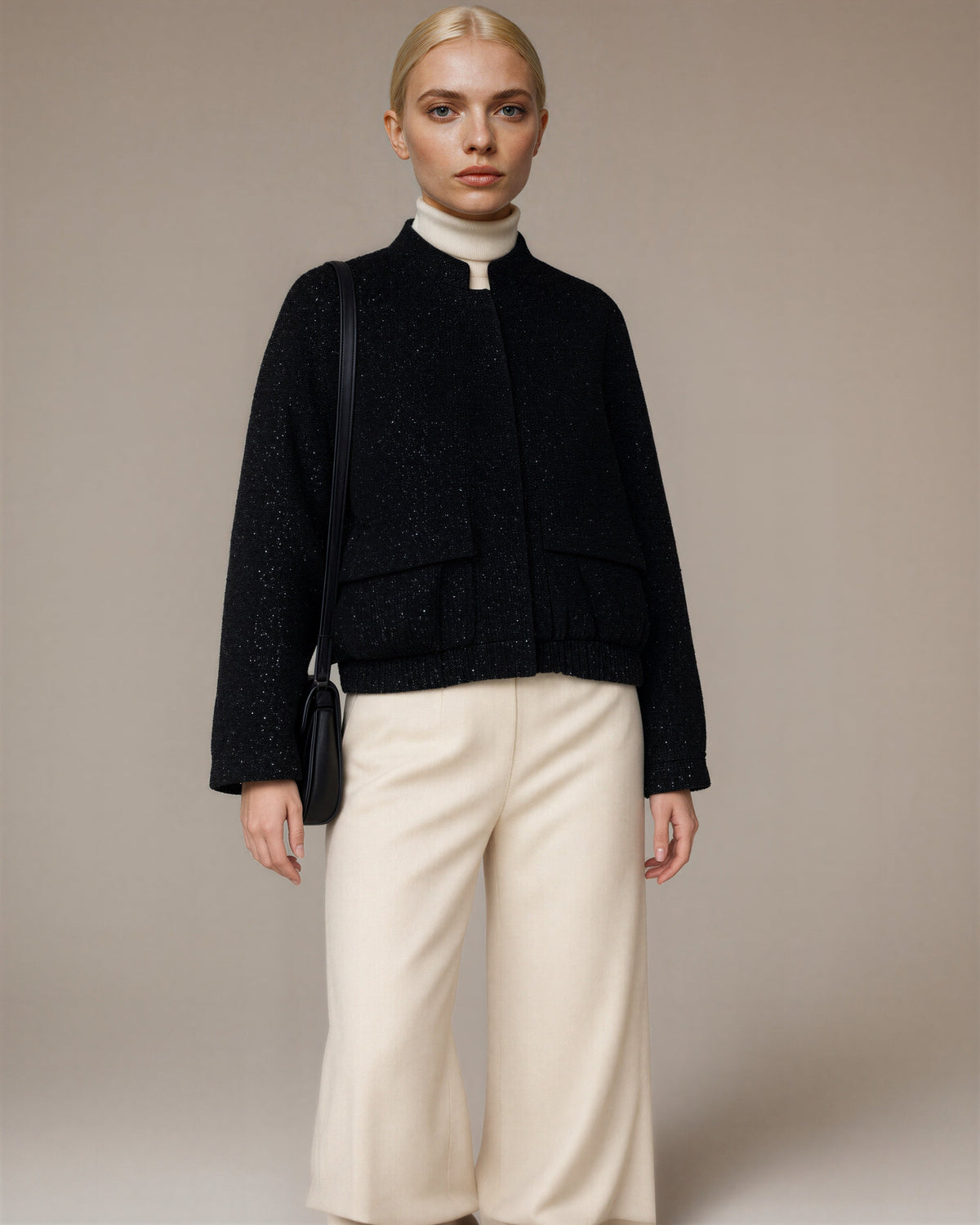 Enrica Paillette Tweed Bomber Jacket, black, three quarter view