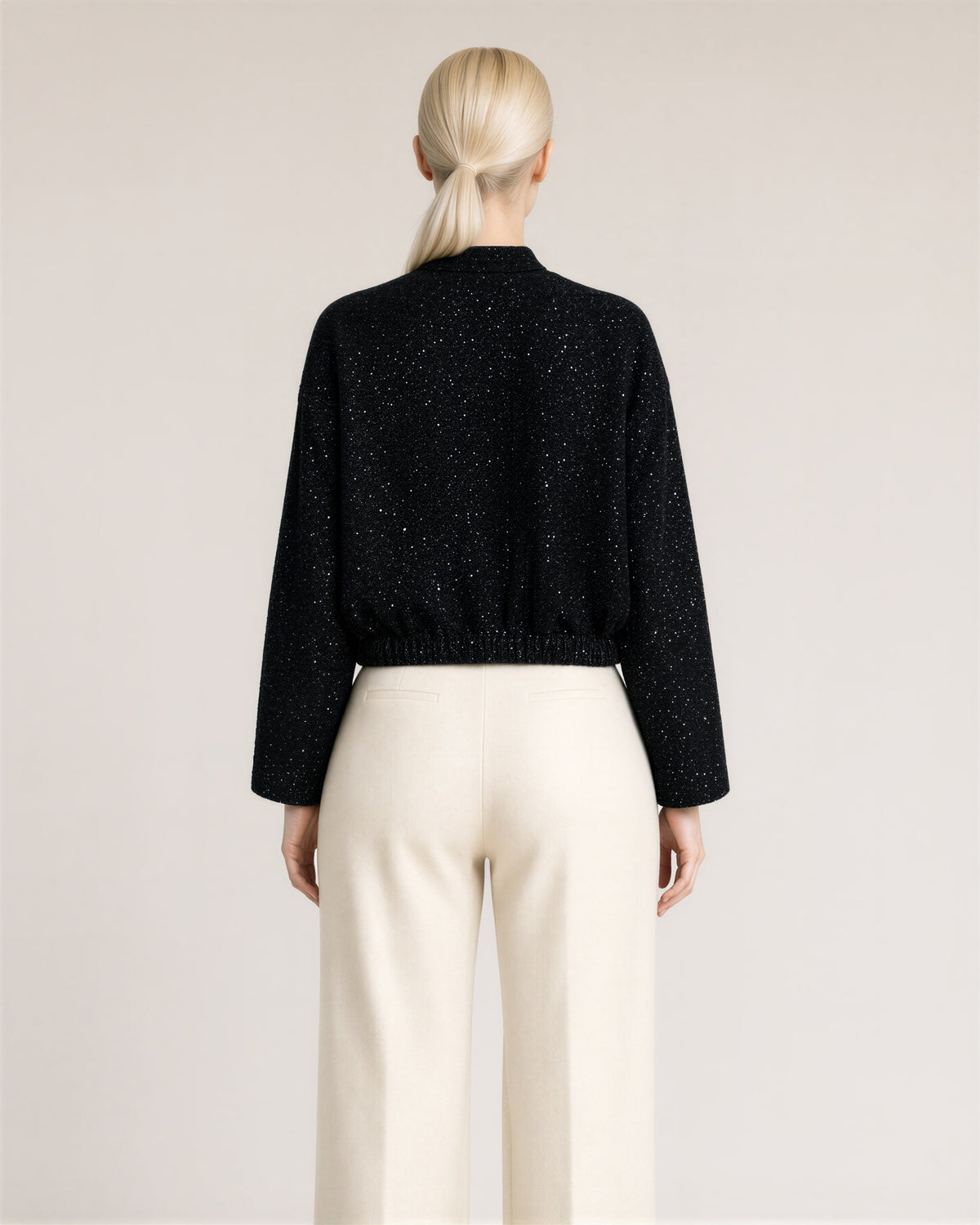 Enrica Paillette Tweed Bomber Jacket, black, back view
