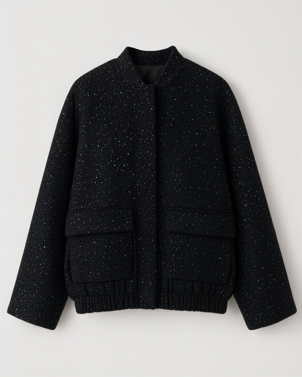 Enrica Paillette Tweed Bomber Jacket, black, product view without a model