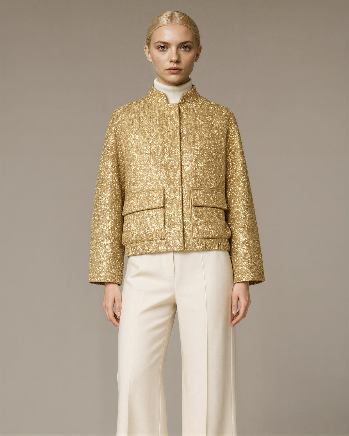 Enrica Paillette Tweed Bomber Jacket, metallic gold color option