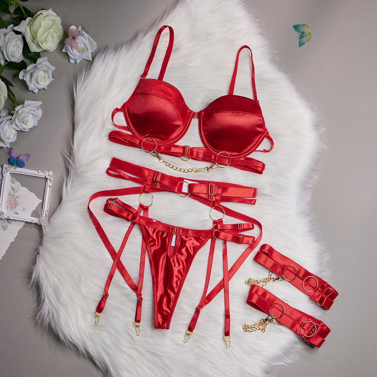 Intime Four Piece Corset Set in Red — Svelte Chic