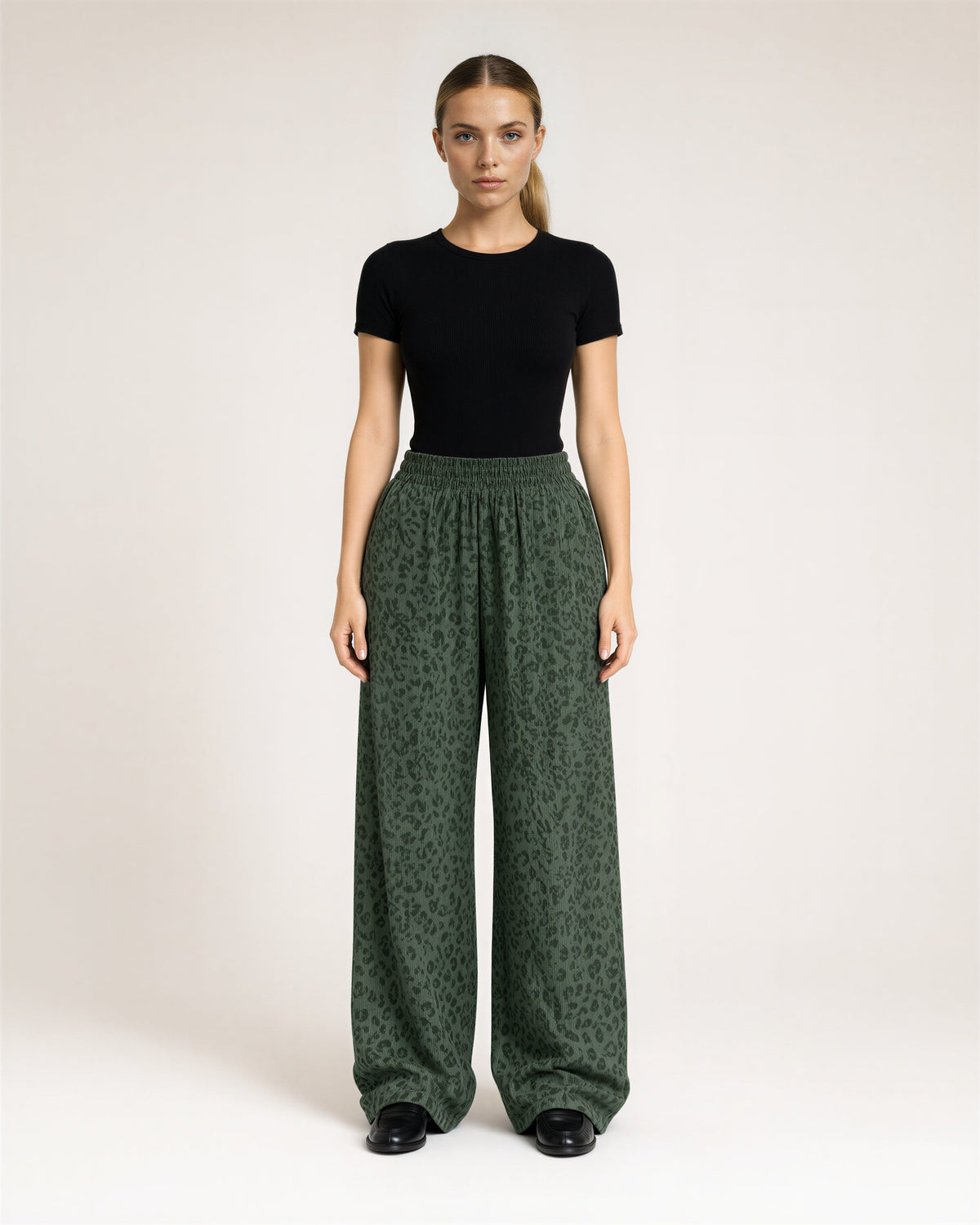 Erica Leopard Corduroy Wide Leg Trousers, khaki green, full length front view