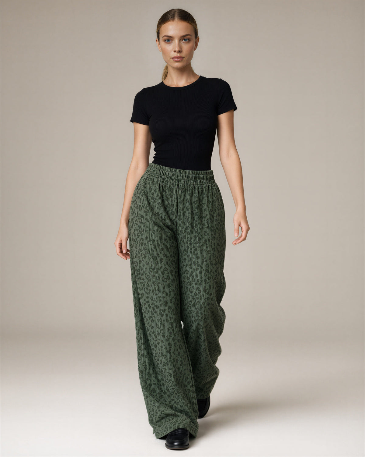 Erica Leopard Corduroy Wide Leg Trousers, khaki green, full length walking view