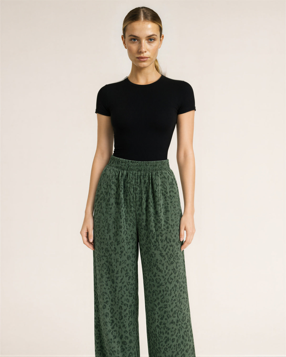 Erica Leopard Corduroy Wide Leg Trousers, khaki green, front view