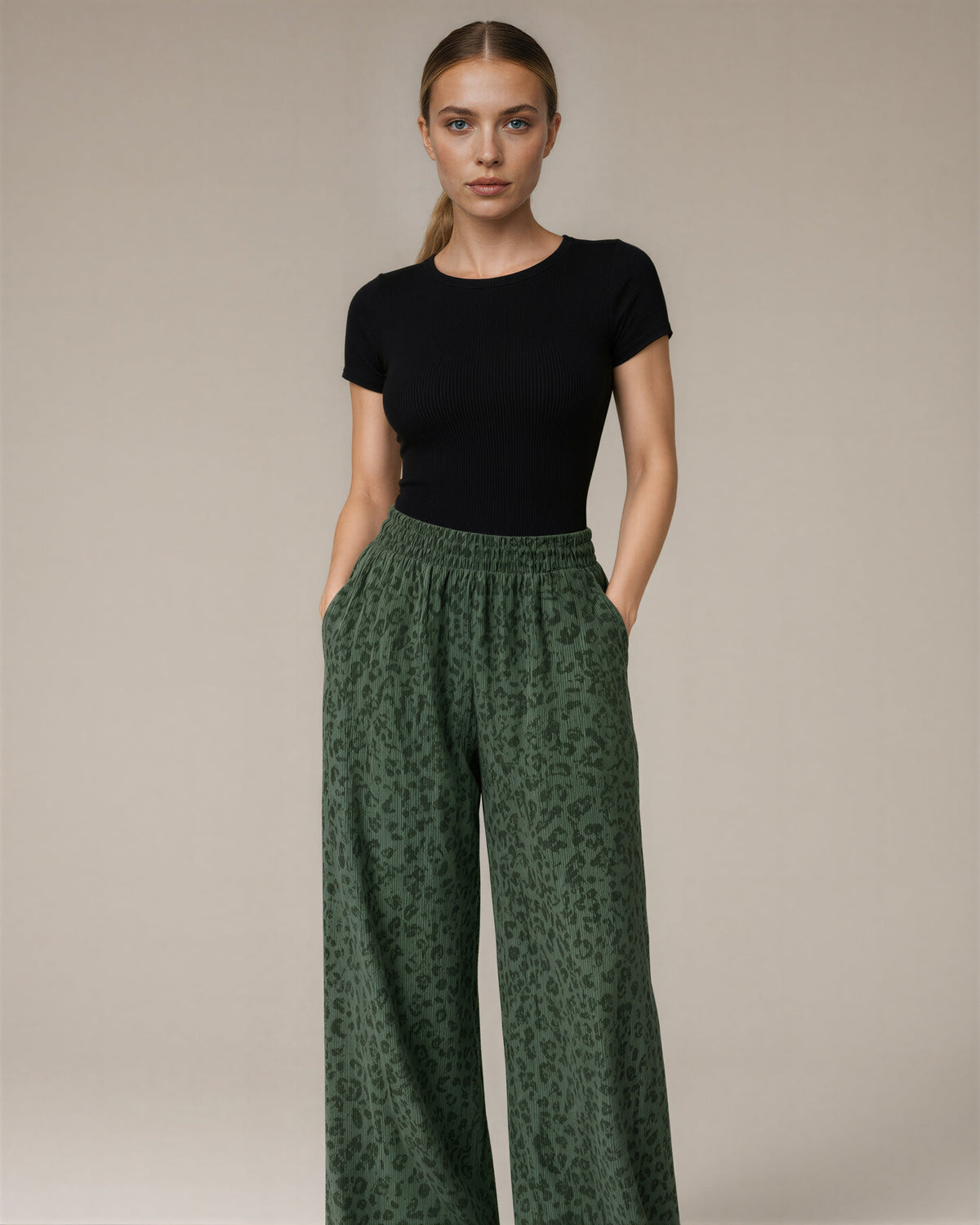 Erica Leopard Corduroy Wide Leg Trousers, khaki green, front, hands in pockets