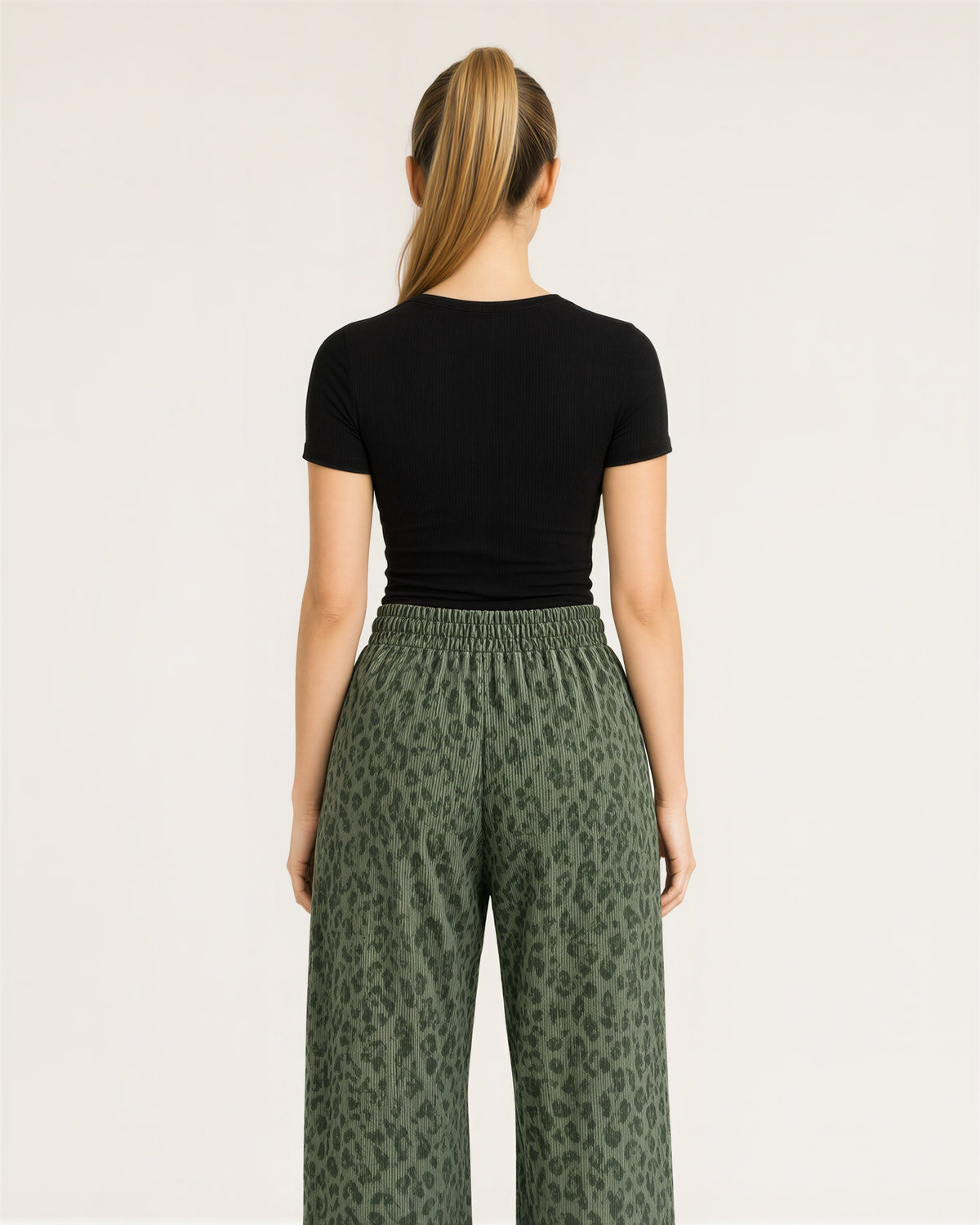 Erica Leopard Corduroy Wide Leg Trousers, khaki green, back view