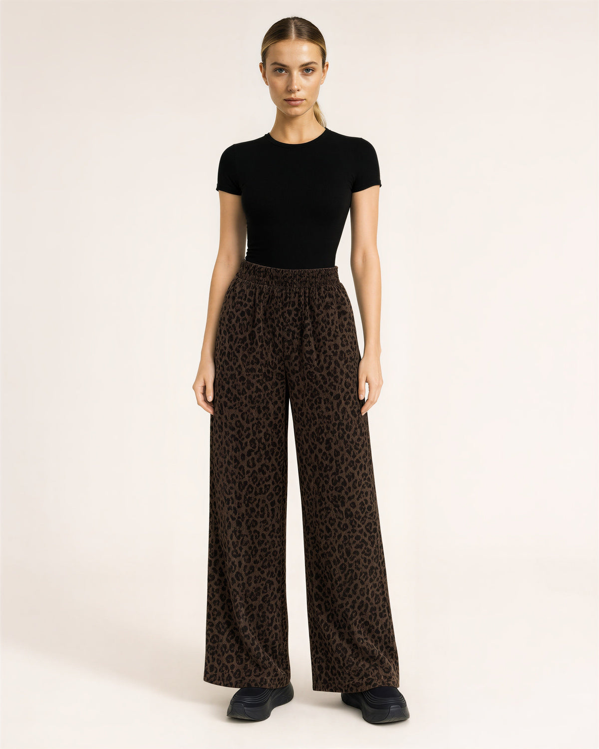 Erica Leopard Corduroy Wide Leg Trousers, dark brown color option