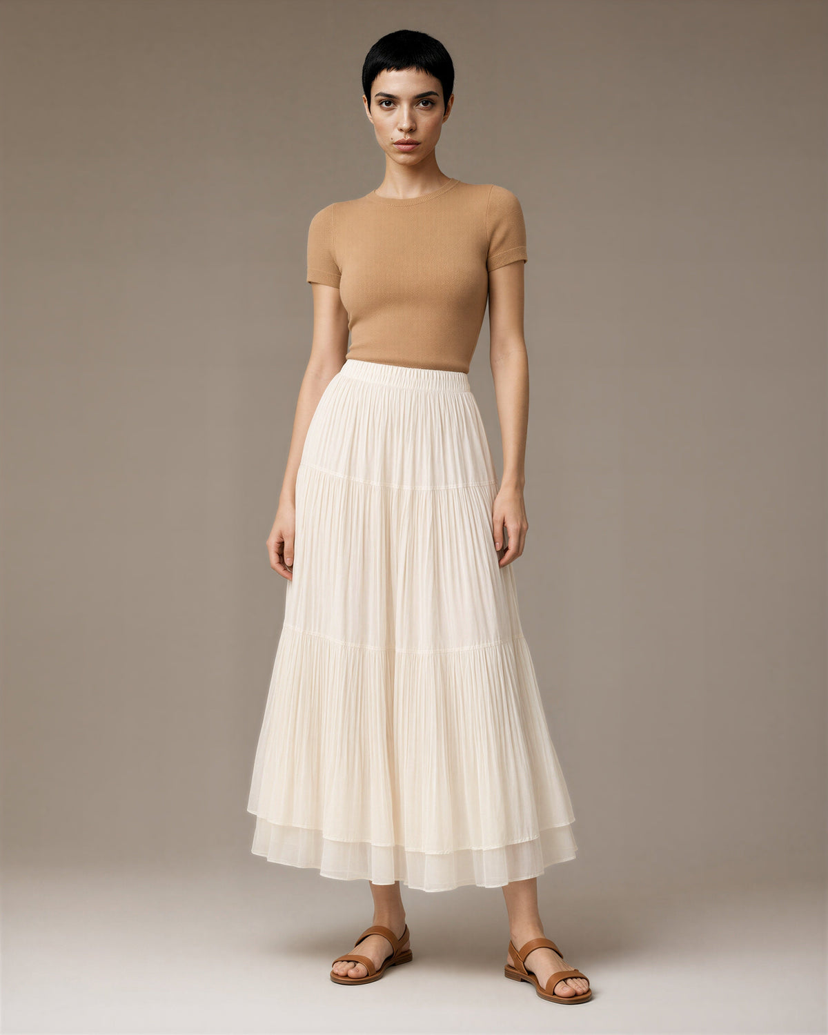 Ester Plisse Chiffon Tiered Maxi Skirt, cream, full length front view