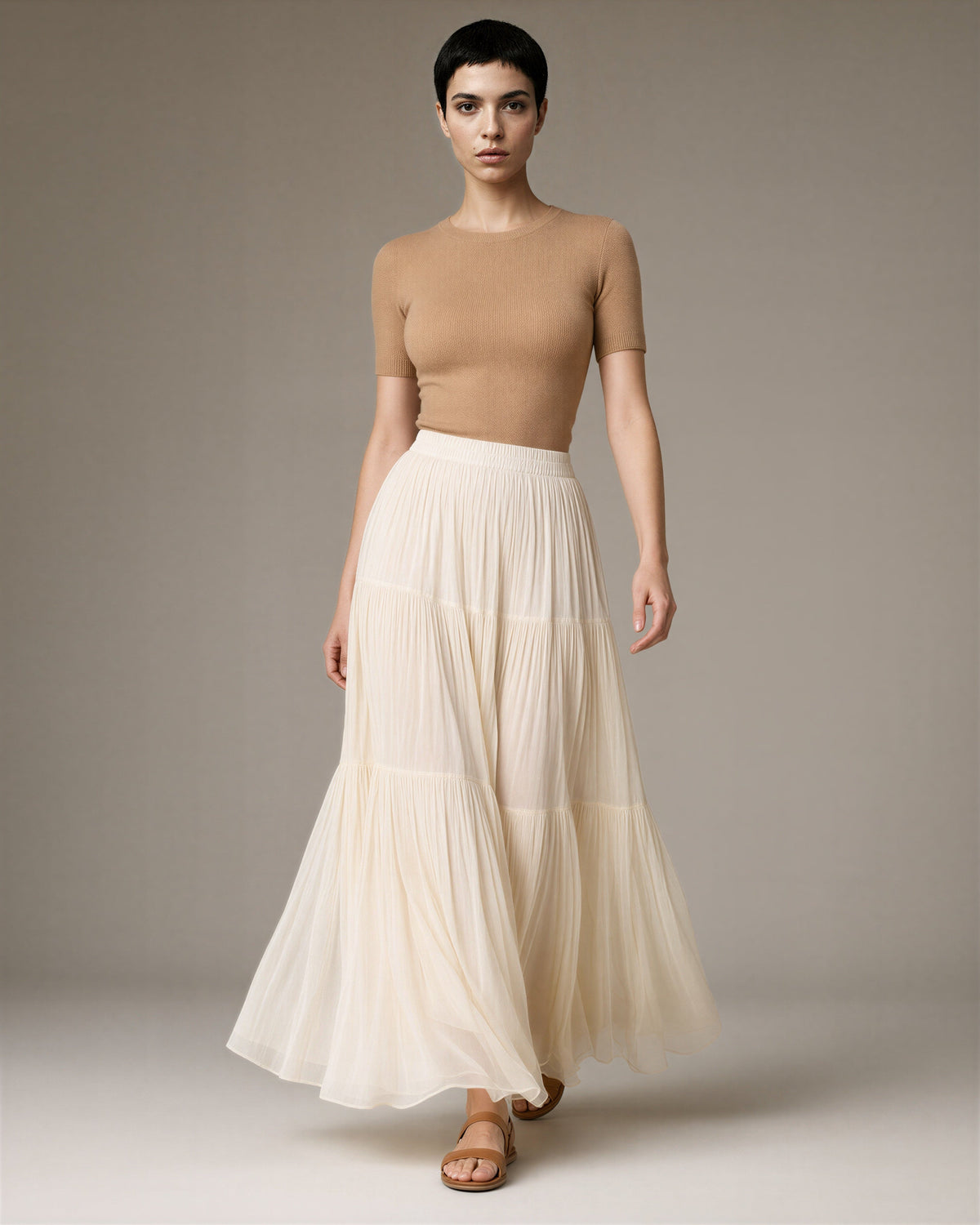 Ester Plisse Chiffon Tiered Maxi Skirt, cream, full length walking view
