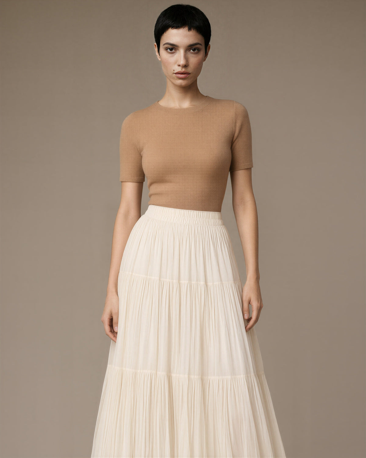 Ester Plisse Chiffon Tiered Maxi Skirt, cream, front view