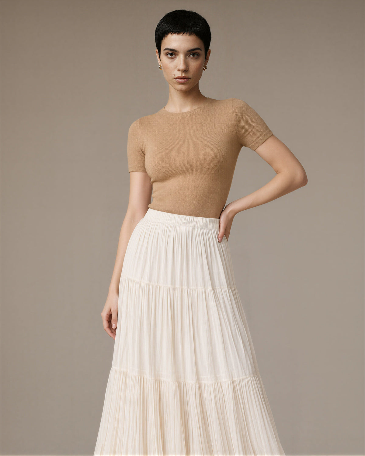 Ester Plisse Chiffon Tiered Maxi Skirt, cream, front, hands on the waist