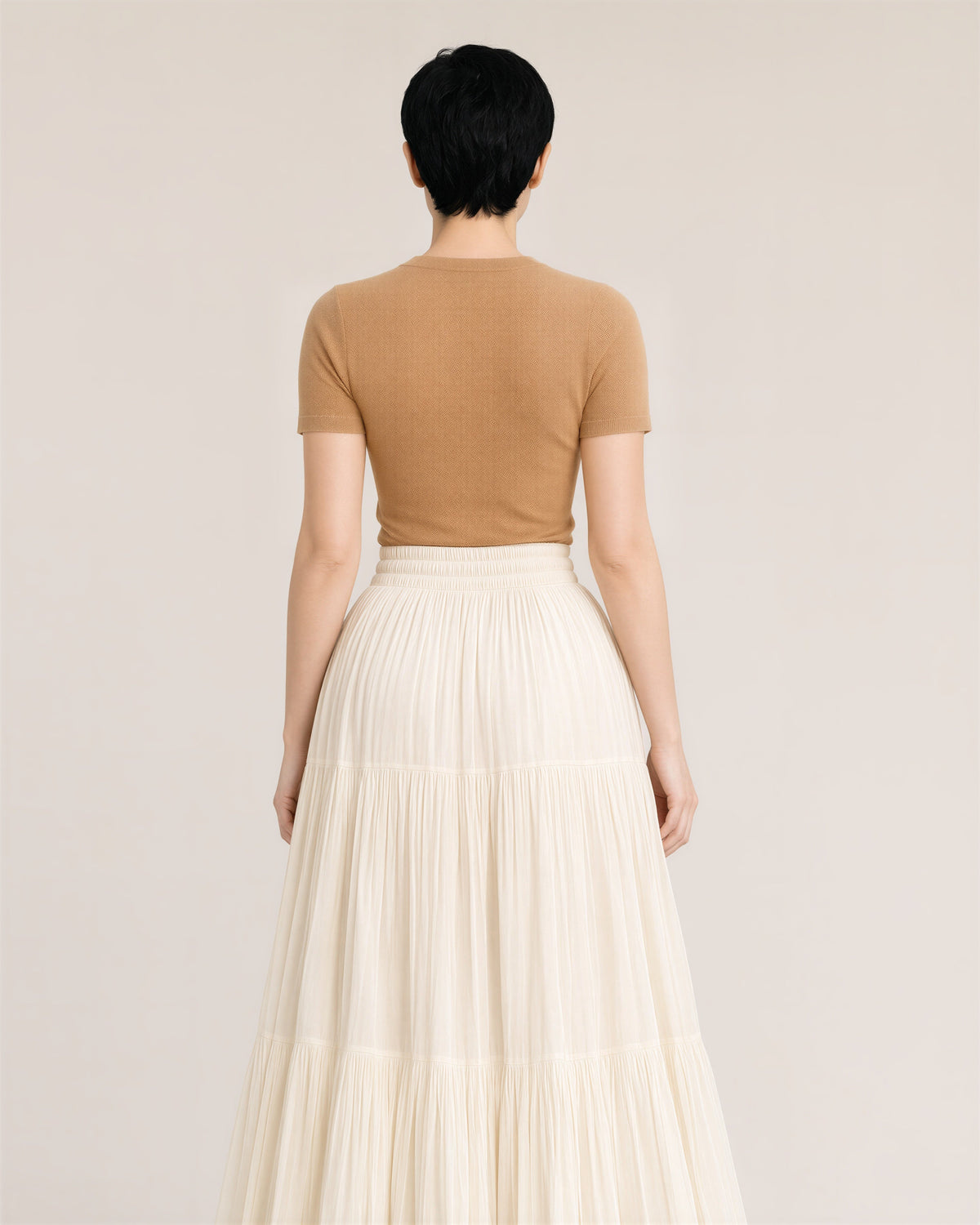 Ester Plisse Chiffon Tiered Maxi Skirt, cream, back view