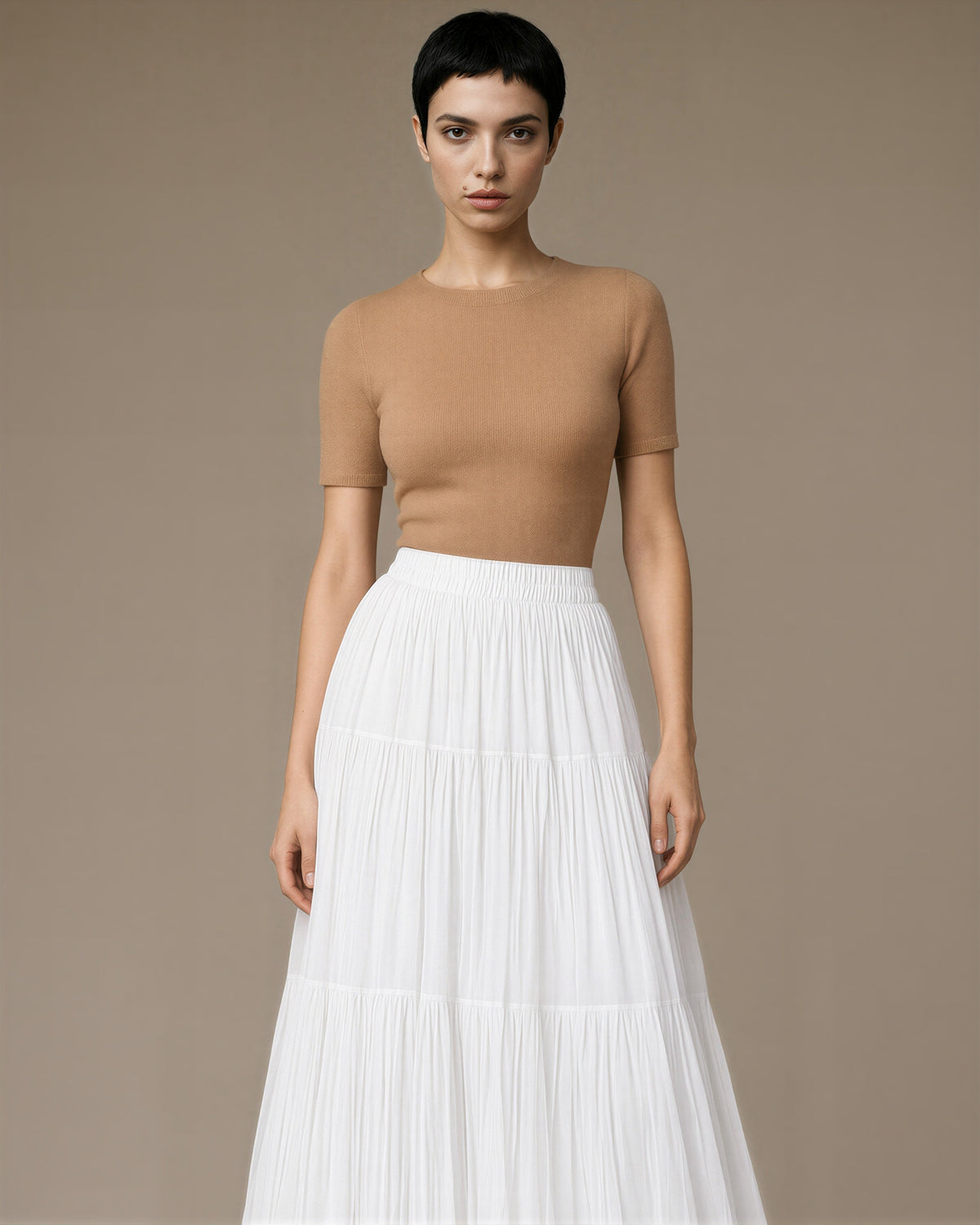 Ester Plisse Chiffon Tiered Maxi Skirt, white color option