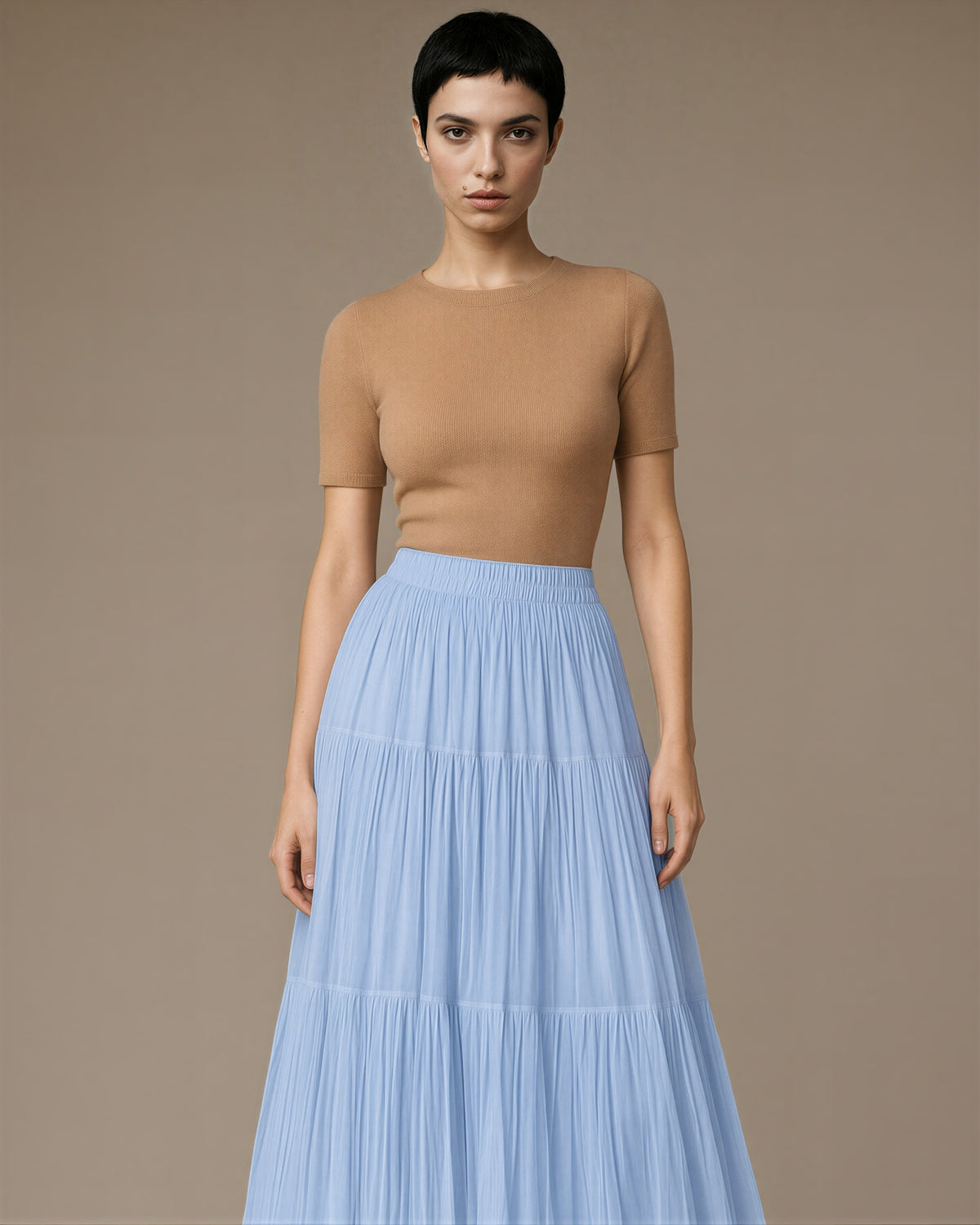 Ester Plisse Chiffon Tiered Maxi Skirt, ice blue color option