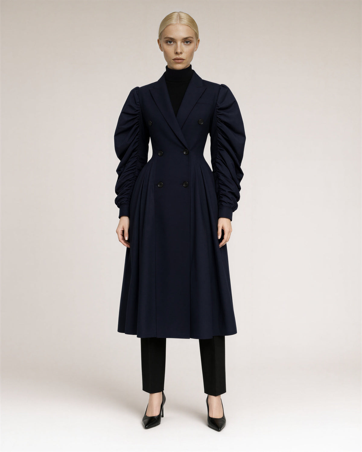 Eugenia Balloon Sleeve Double Breasted Midi Trench Coat, Navy, navy, full length front view