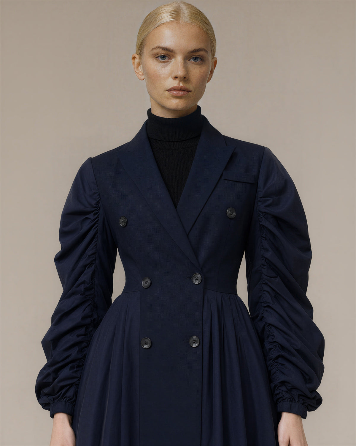 Eugenia Balloon Sleeve Double Breasted Midi Trench Coat, Navy, navy, close up above the waist