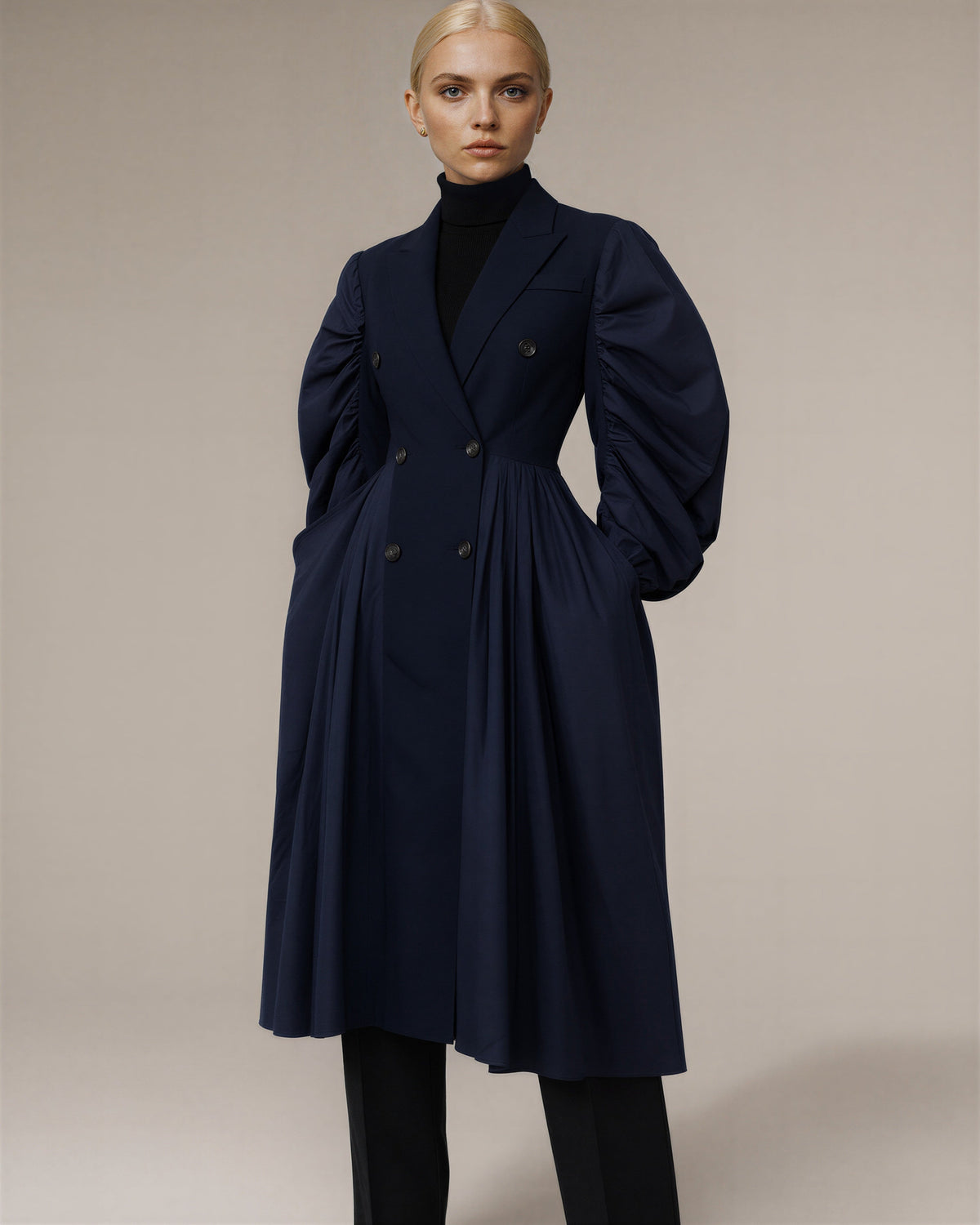 Eugenia Balloon Sleeve Double Breasted Midi Trench Coat, Navy, navy, three quarter view